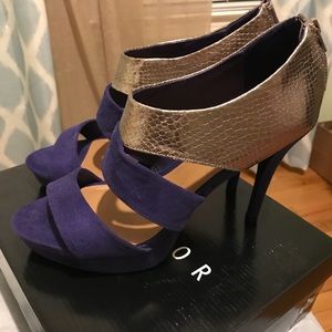 Royal blue and silver platform stepped heels